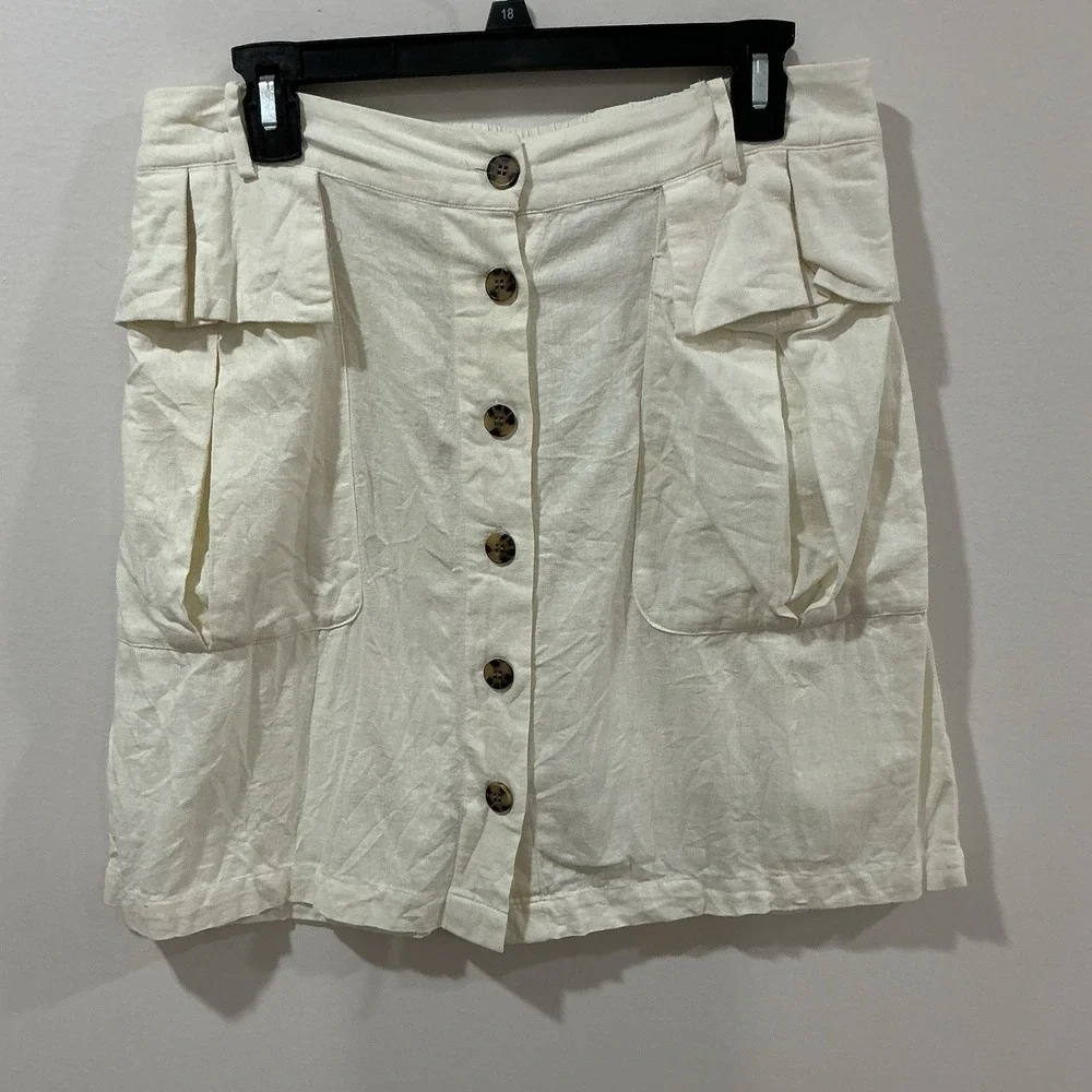 Nicole Miller Ivory Linen Blend Button Front Cargo Utility Mini Skirt Large